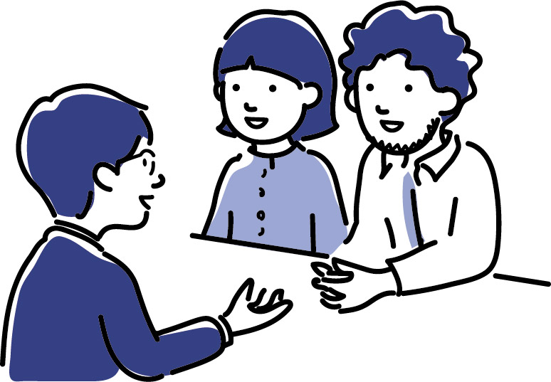 市役所で手続きのサポートを受けている外国人男女のイラスト